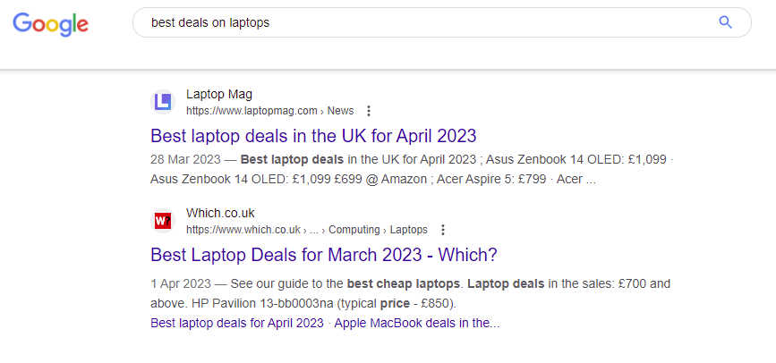 screen shot of internet search for best deals on laptops