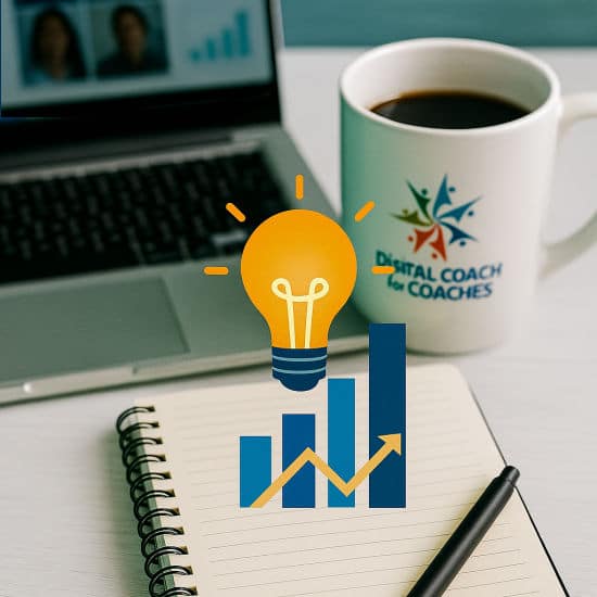 Coffee mug with Digital Coach for Coaches logo beside a notepad and laptop, representing SEO visibility check services.