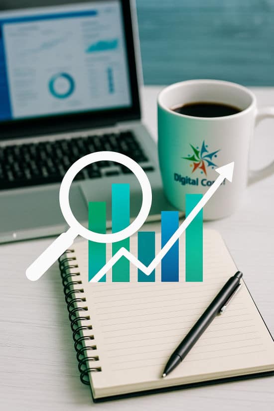 SEO Visibility Health Check Digital Coach Mug A clean workspace with a laptop showing an analytics dashboard, a notepad and pen, and a coffee mug featuring the Digital Coach for Coaches logo, with overlay graphics showing a magnifying glass and bar chart.