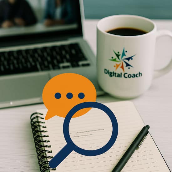 Coffee mug with Digital Coach for Coaches logo beside a laptop and notepad, symbolising personalised visibility strategy sessions.