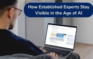 Professional reviewing AI search results on a laptop, illustrating how experts stay visible in AI search