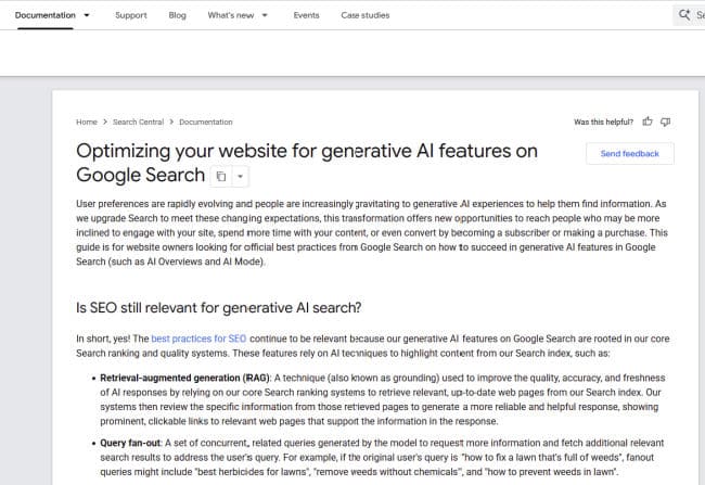 Google's blog about optimizing your website for generative AI Features on Google search