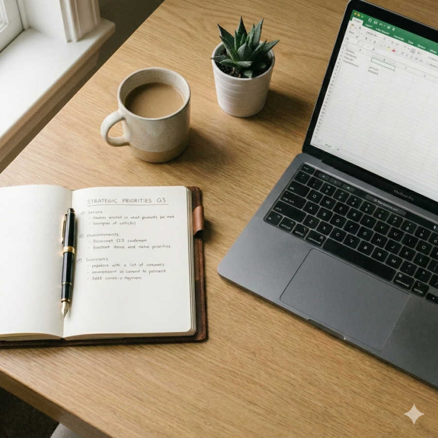 notepad & laptop displaying aspects of the client attraction audit strategic process