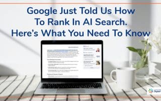 A laptop showing an AI search overview of Angie Stewart, Digital Coach for Coaches - illustrating how businesses appear in Google AI search results