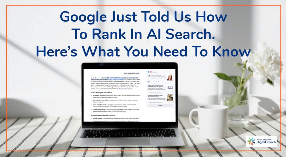 A laptop showing an AI search overview of Angie Stewart, Digital Coach for Coaches - illustrating how businesses appear in Google AI search results