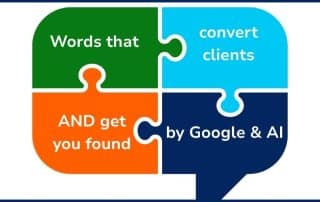 Jigsaw puzzle graphic reading "Words that convert clients and get you found by Google and AI" - illustrating SEO copywriting for coaches